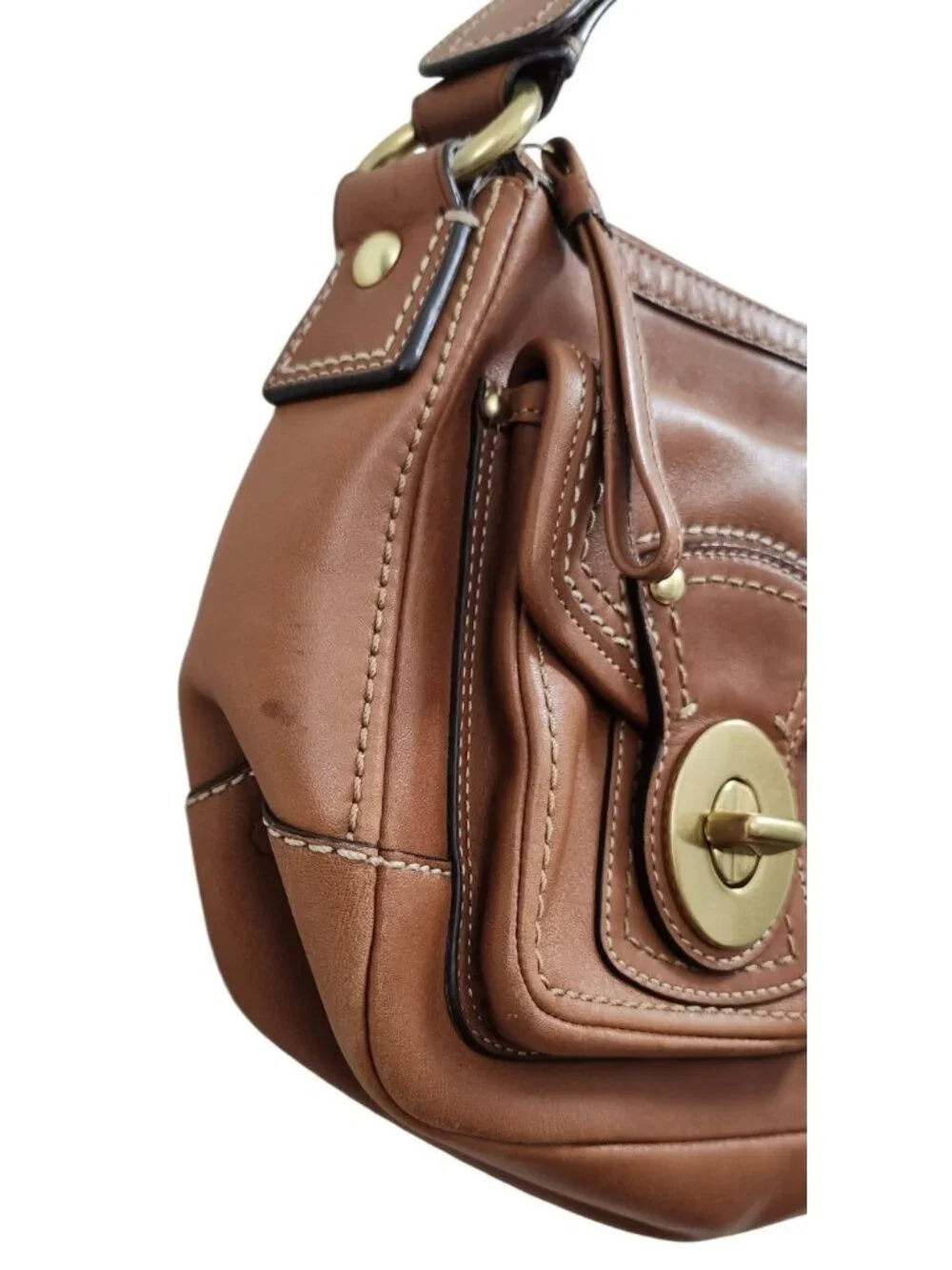 Coach F12868 65th Anniversary Double Turnlock Whiskey Leather Shoulder Bag